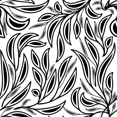 Yapraklı çiçek siyah beyaz vektör seamless modeli. Elle çizilmiş