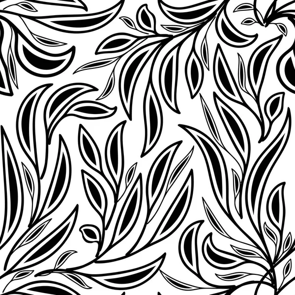 Leafy floral black and white vector seamless pattern. Hand drawn — Stock Vector