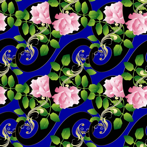 Modello Paisleys senza soluzione di continuità. Floreale 3d rose sfondo — Vettoriale Stock