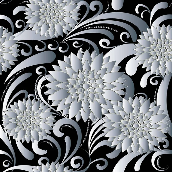 Sömlös blommönster. Svart vit 3d blomstra bakgrund — Stock vektor