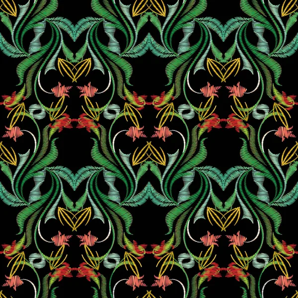 Bordado colorido patrón floral sin costuras. Fondo de tapicería — Vector de stock