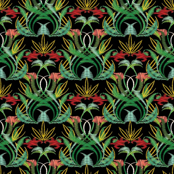 Broderie motif floral sans couture coloré. Fleurs de tapisserie — Image vectorielle