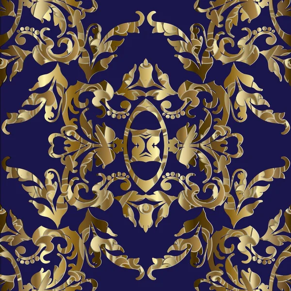 Oro barroco sin costura pattern.Dark azul vector damasco fondo — Vector de stock