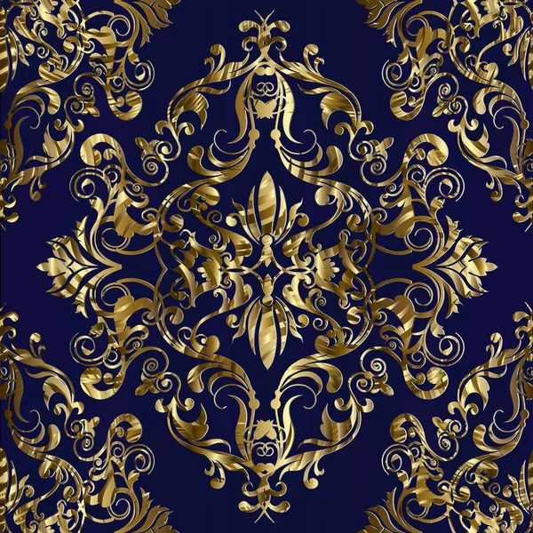 Barokk arany varrat nélküli mintát. Kék vektor virág háttér — Stock Vector