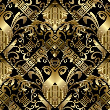 Meander floral 3d gold seamless pattern. Vector 3d background with hand drawn flowers, leaves, dots, geometric shapes, stripes,  greek key ornaments. Surface texture. Design for fabric, print, wallpaper clipart