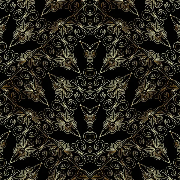 Gold Line Art Tracery Samless Pattern Vintage Vector Black Background — Stock Vector