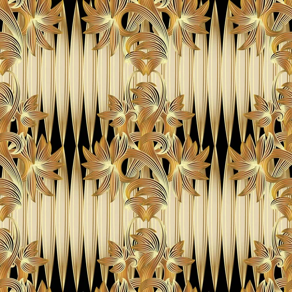 Patrón floral 3d sin costuras. Vector fondo negro dorado — Archivo Imágenes Vectoriales