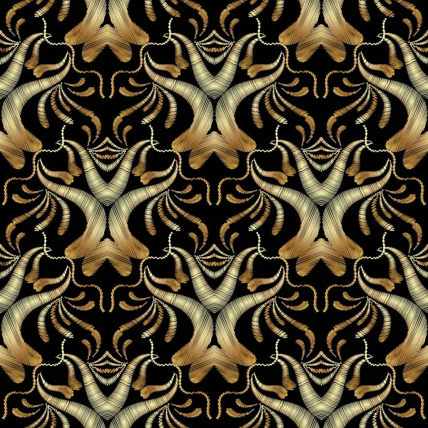 Gouden borduurwerk naadloze bloemmotief. Damast tapijt — Stockvector