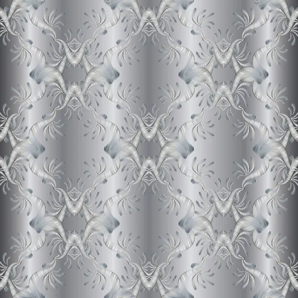 Stříbrné vyšívání květinovým 3d vzor bezešvé. Damaškové mozaiky — Stockový vektor