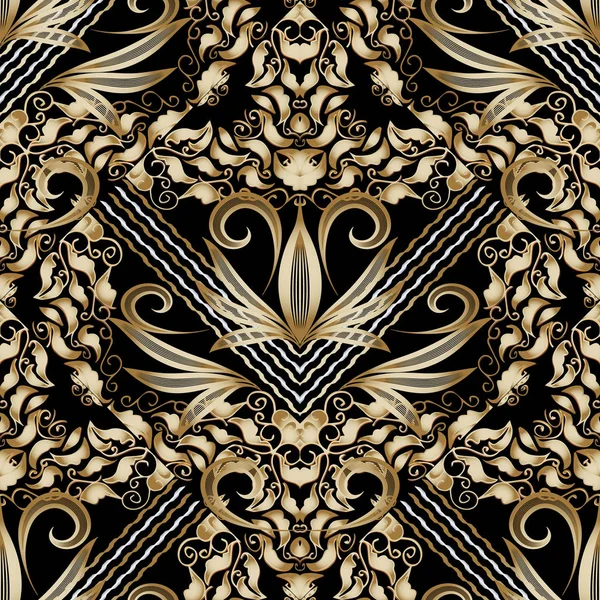 Baroque vector seamless pattern. Hand drawn antique gold damask — Stock Vector