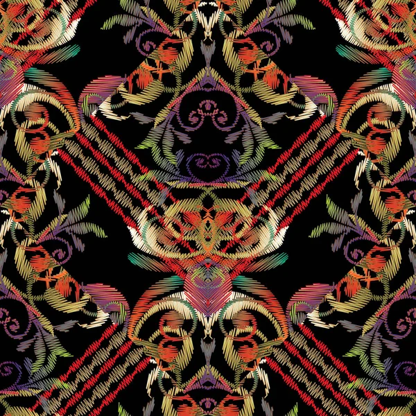 Barroco bordado floral patrón sin costuras. Vector rayado — Vector de stock