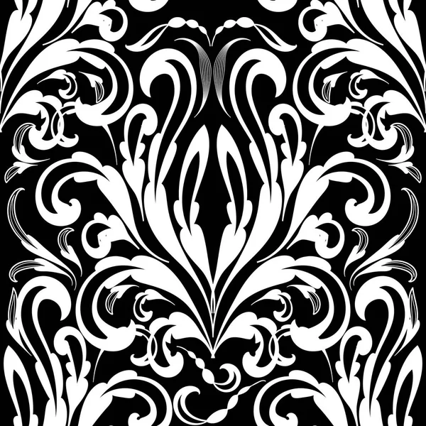 バロック様式の黒白いシームレスなパターン。ダマスク織のベクトルの背景 — ストックベクタ