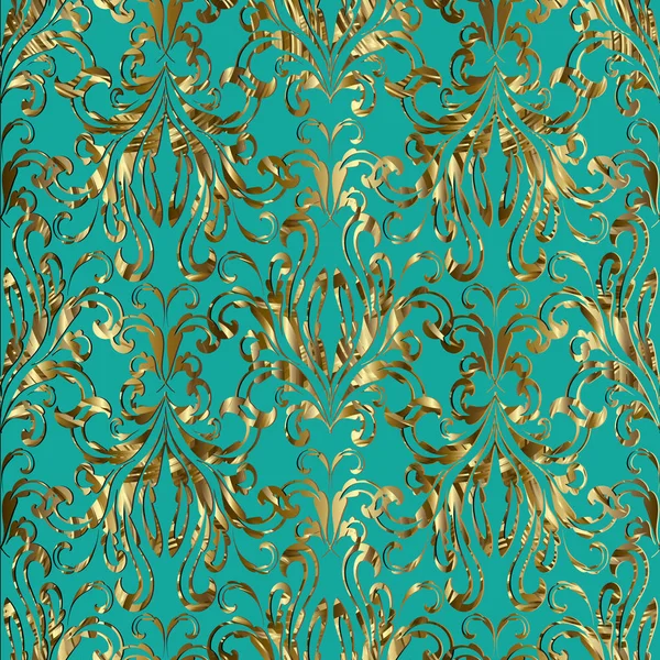 Δαμασκός μπαρόκ χρυσό πρότυπο άνευ ραφής. Διάνυσμα floral τυρκουάζ — Διανυσματικό Αρχείο