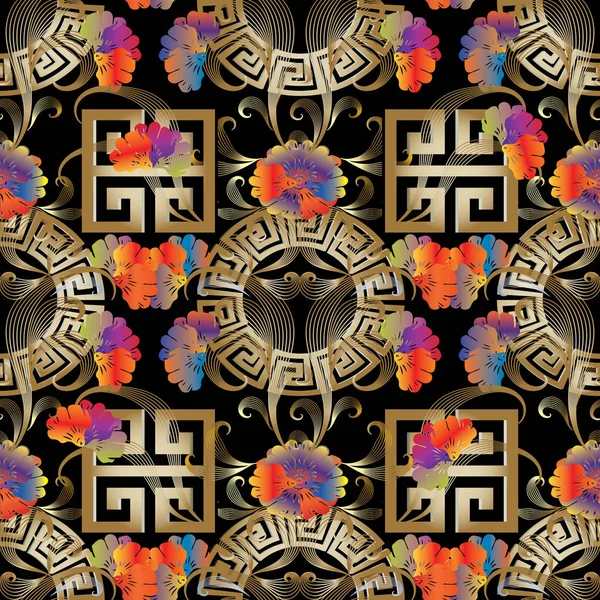 Griego clave meandro floral 3d patrón sin costuras . — Archivo Imágenes Vectoriales