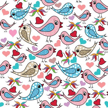 Renkli el çekilmiş kuşlar, aşk Kalpler, çiçekler seamless modeli