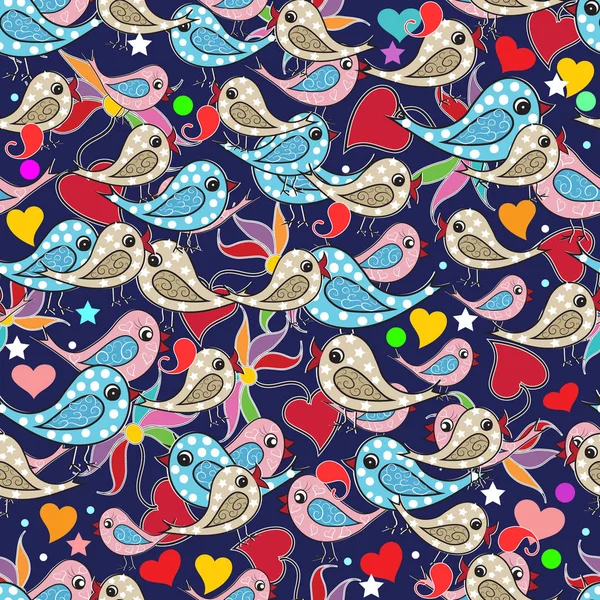 Doodle kolorowe ręcznie rysowane ptaków, miłość serca, kwiaty paisley — Wektor stockowy