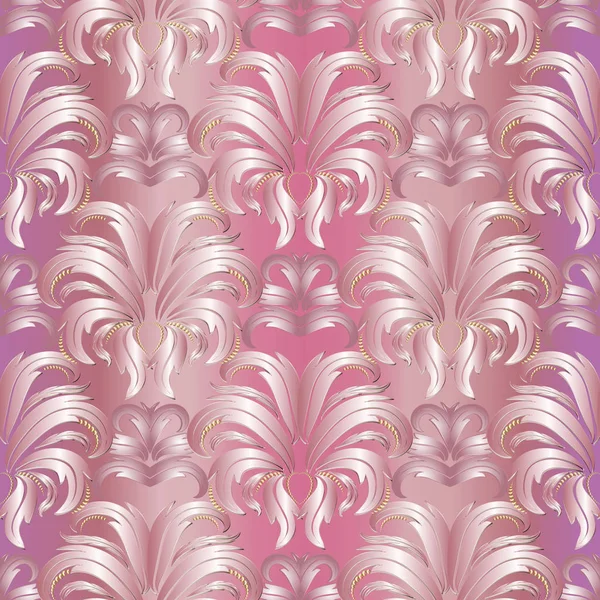 Damasco rosa patrón inconsútil 3d. Superficie vectorial rosa floral — Vector de stock