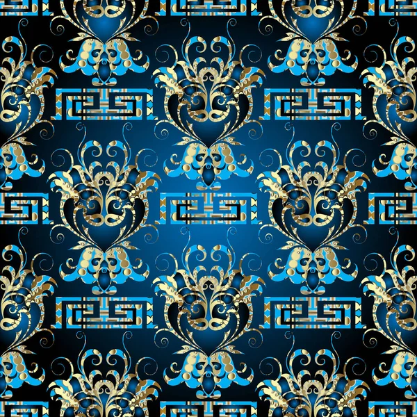 花のダマスク織のシームレスなパターン。キー ギリシャのベクトルの背景 — ストックベクタ