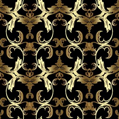 Altın Barok seamless modeli. Vektör çiçek siyah arka plan 