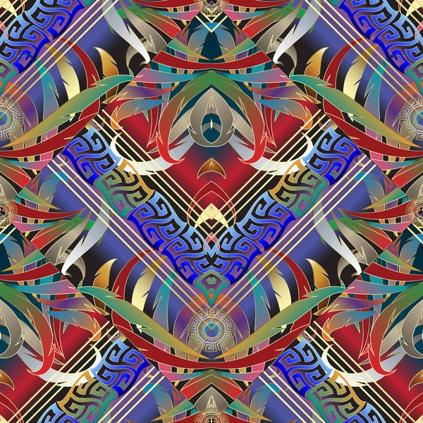 Coloré géométrique floral grec clé motif sans couture 3d. Vecteur — Image vectorielle