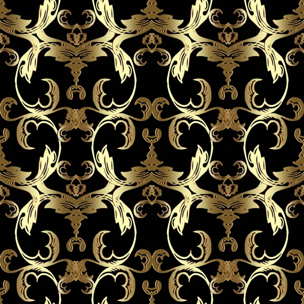 ゴールド バロック シームレス パターン。黒花のベクトルの背景 — ストックベクタ