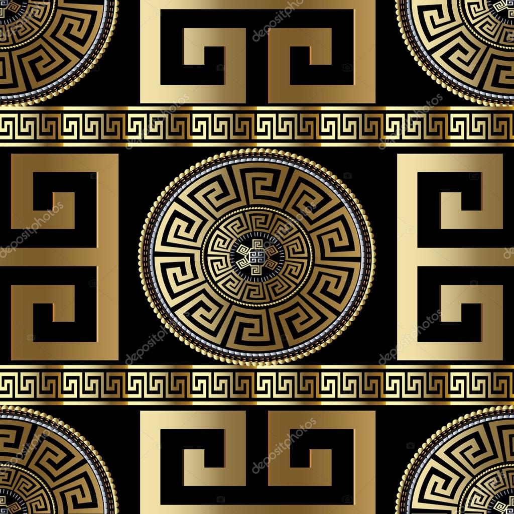 Modern geometric greek seamless pattern. Vector gold meander background. 3d wallpaper with greek key ornament. Ornate fabric design. Abstract surface texture with circle, stripes, borders , squares