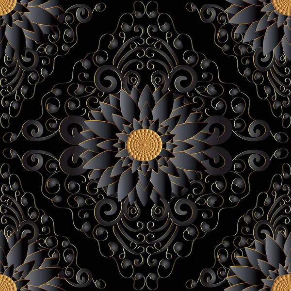 Negro flores 3d patrón sin costura. Vector fondo negro oscuro — Vector de stock