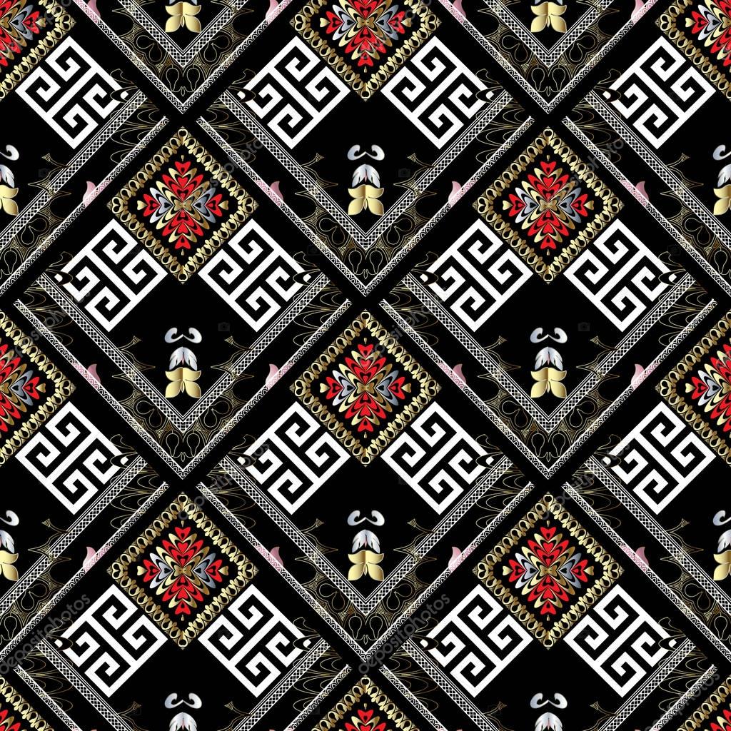 Striped tribal geometric seamless pattern. Vector greek key meanders background. Ornate wallpapers design. Floral ethnic ornaments. 3d ornamental meander frames, zigzag, spirals, stripes tiled rhombus