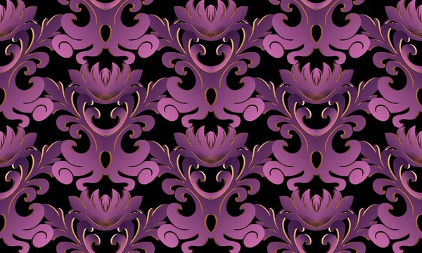 Violett 3d barock sömlösa mönster. Vector svart bakgrund — Stock vektor