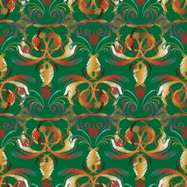 Broderie baroque vecteur motif sans couture. Floral vert — Image vectorielle