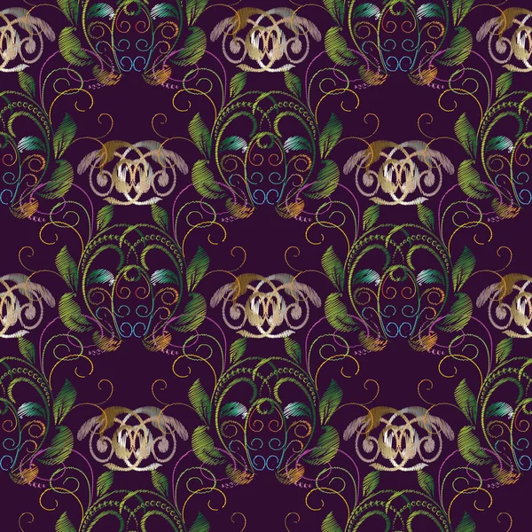 Bordado barroco vector patrón sin costuras. Violeta floral — Archivo Imágenes Vectoriales
