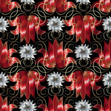 3D beyaz ve kırmızı çiçekler seamless modeli. Vektör çiçek 