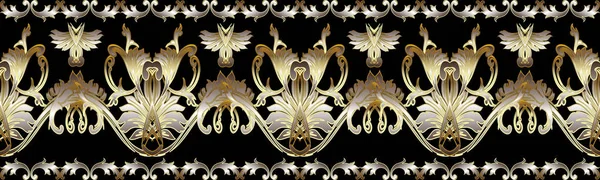 Frontière baroque. damassé en or motif sans couture. Floral vectoriel — Image vectorielle