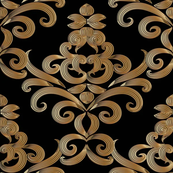 Oro floral 3d damasco patrón sin costuras. Fondo vectorial — Vector de stock