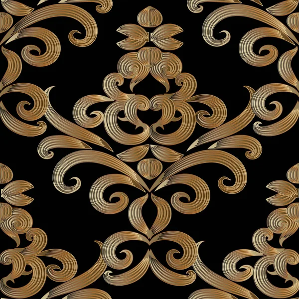 Floral ouro 3d damasco padrão sem costura. Fundo vetorial — Vetor de Stock