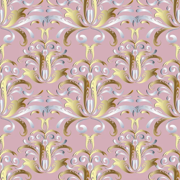 골드 실버 3d 꽃 완벽 한 패턴. 벡터 빛 핑크 다 마스크 천 — 스톡 벡터