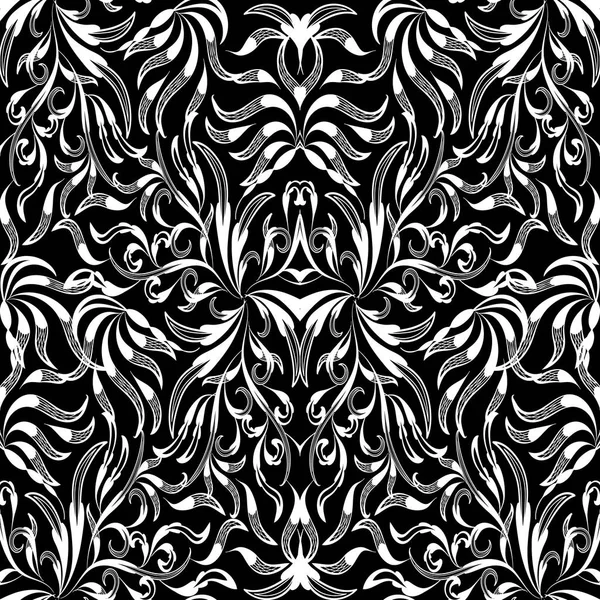 Vintage negro floral blanco dibujado a mano patrón sin costuras. Vector — Vector de stock