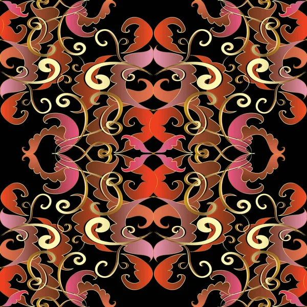 Patrón barroco sin costuras. Vector floral fondo negro — Vector de stock