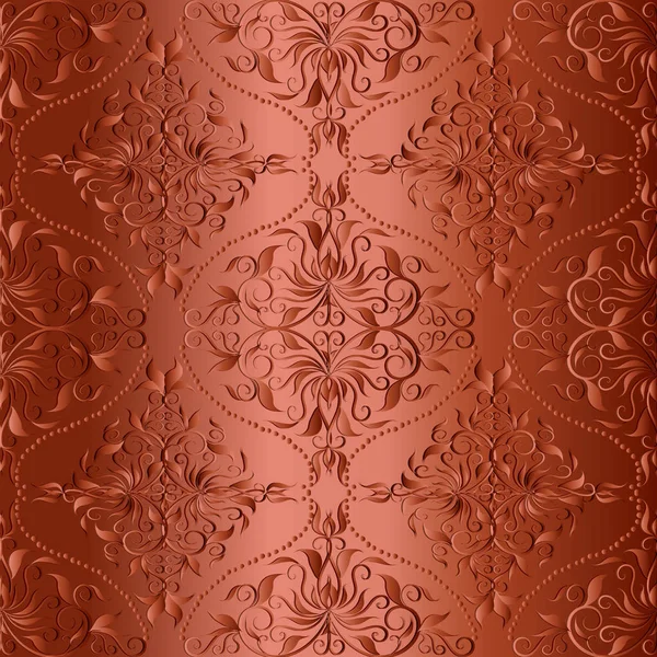 Terra cotta monocromo 3d damasco patrón sin costuras. Vector floral — Vector de stock