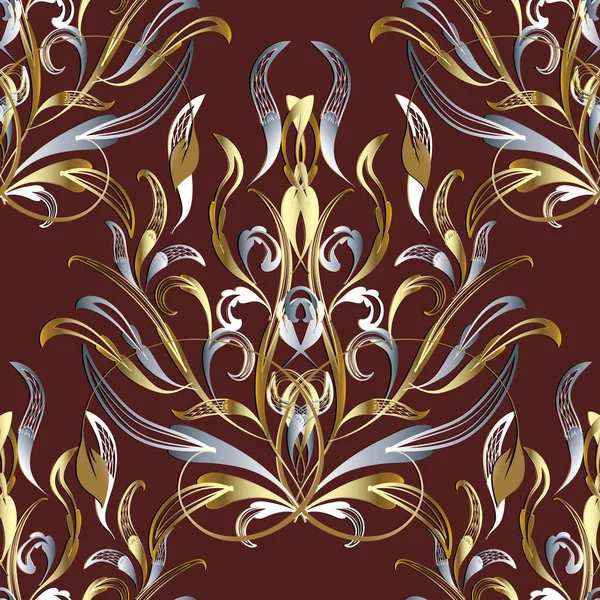 3d oro plata damasco patrón sin costura. Vector rojo oscuro floral — Vector de stock