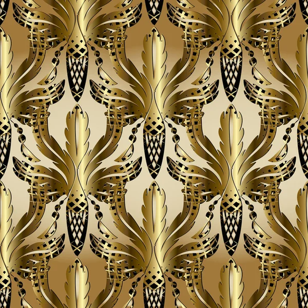3d ouro folhas de carvalho barroco e bolotas sem costura padrão. Vetor — Vetor de Stock