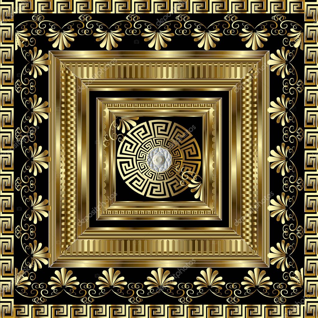 Luxury gold 3d geometric greek key panel pattern.  Vector square meanders ornament with figured surface frame, floral borders, round mandala. Greek flowers. Design for panel, card, wallpaper, tiles