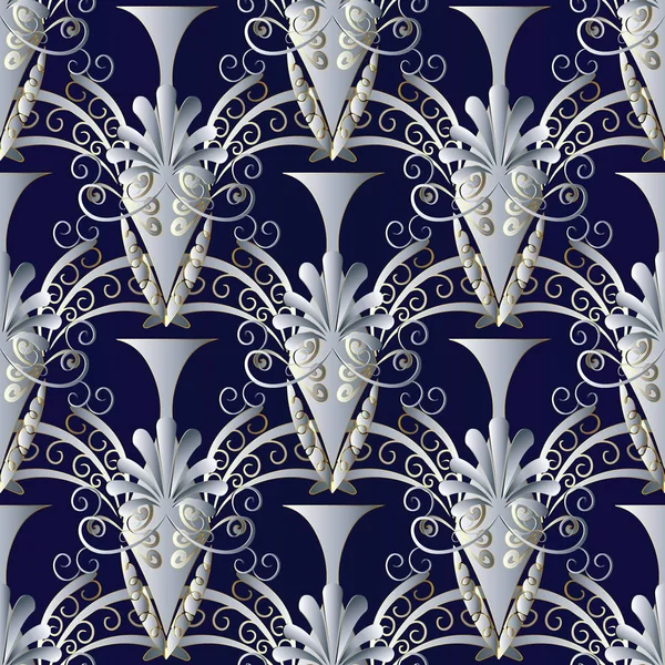 Jarrones griegos antiguos patrón sin costura. Vector floral azul oscuro — Vector de stock