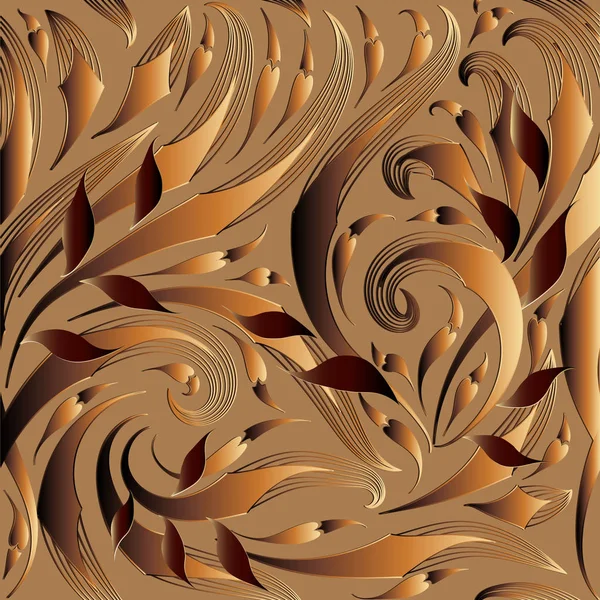 Moderno patrón floral 3d sin costuras. Vector fondo marrón dorado — Vector de stock