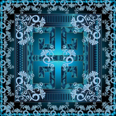 Yunan 3d kare panel desen. Çiçek mavi vektör arka plan
