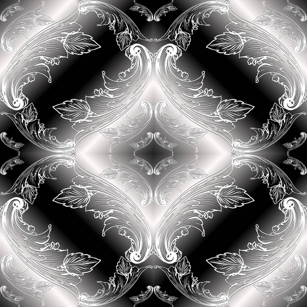 Barroco en blanco y negro 3d patrón sin costuras. Vector floral — Vector de stock