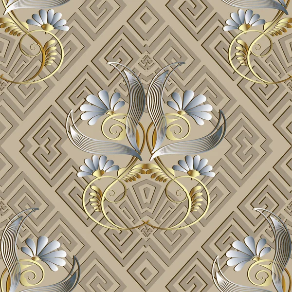 Grec vintage floral motif 3d sans couture. Vecteur beige clair — Image vectorielle