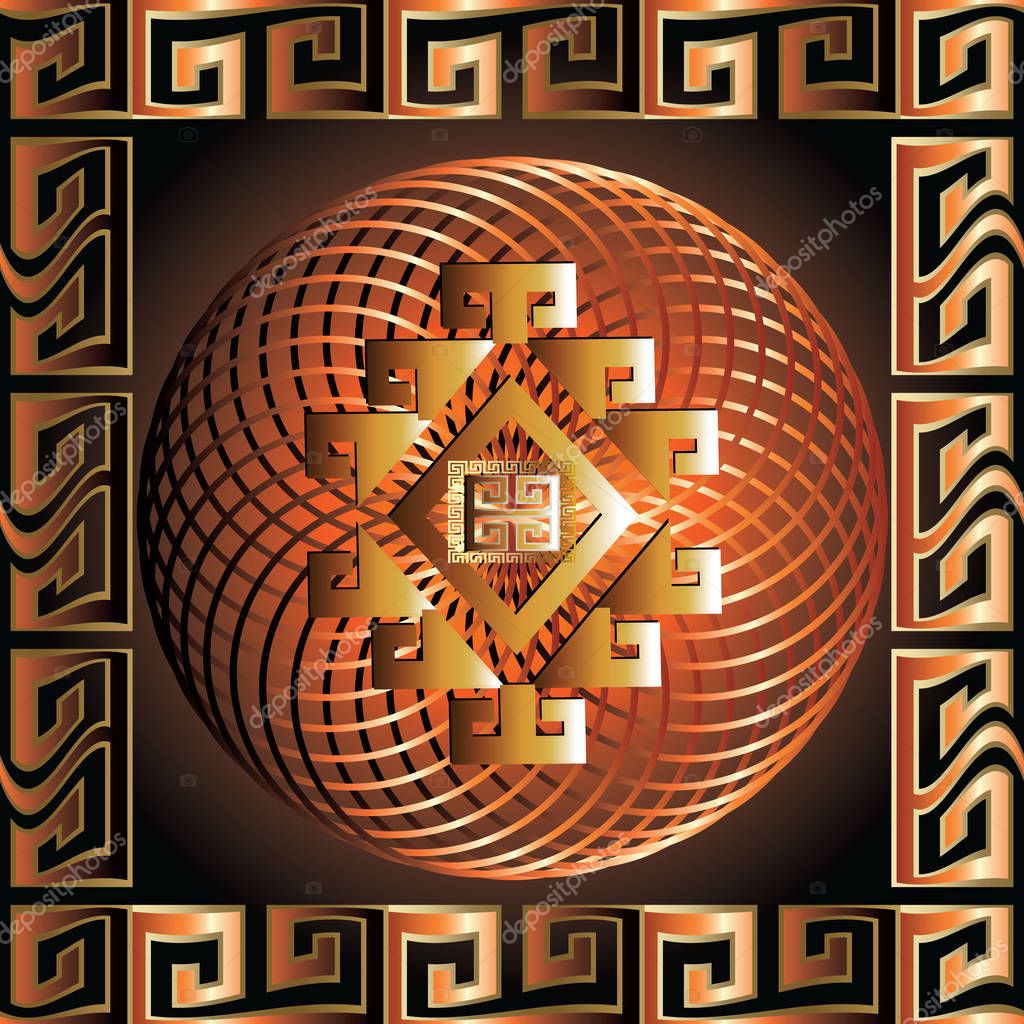 Greek 3d square panel. Seamless  pattern. Modern vector background. Meander ornamental frame. Greek key maze borders. Fractal round line art mandala. Tribal rhombus. Surface texture. Geometric shapes.