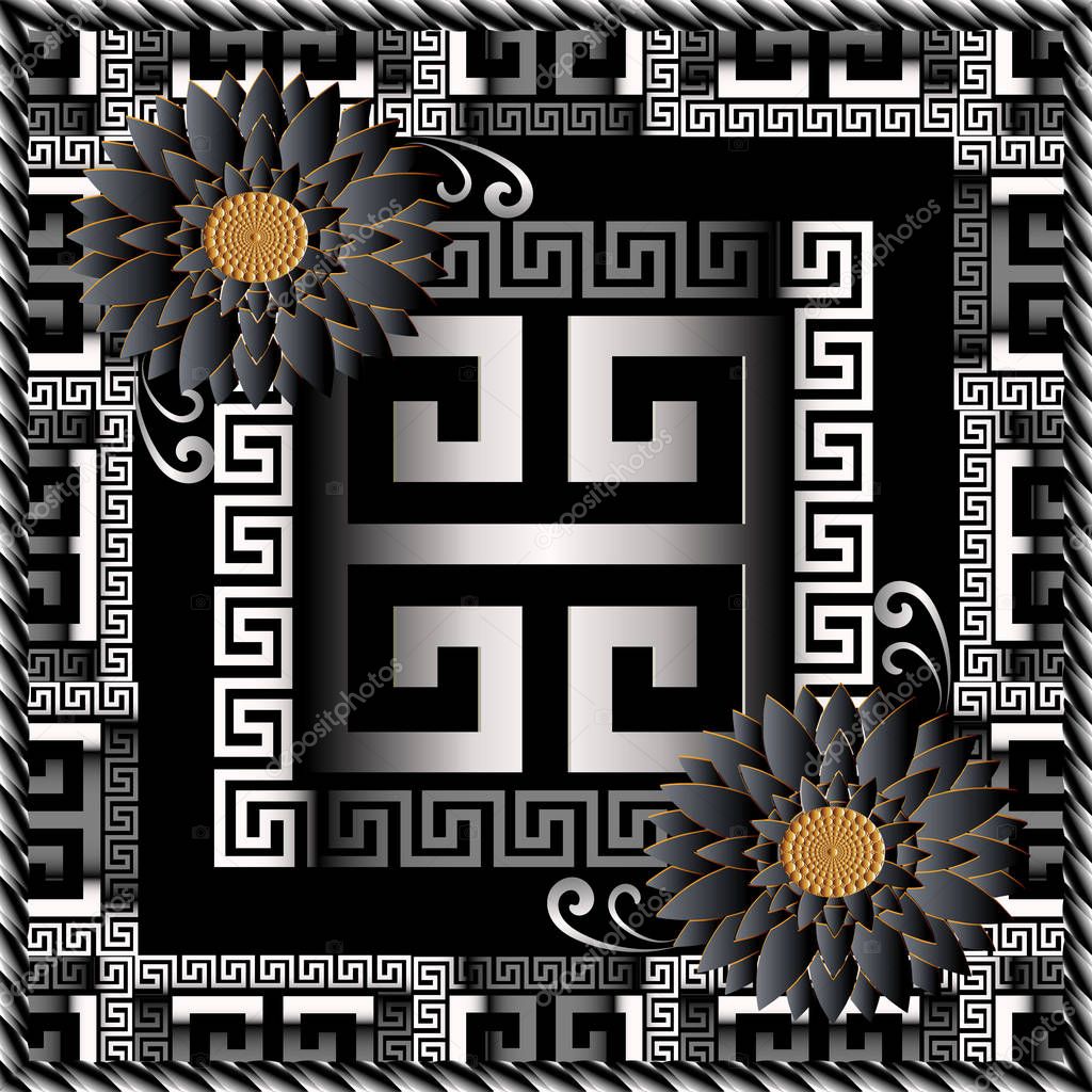 Floral greek 3d panel pattern. Vector meander background. Ornamental square frame. Vintage abstract black 3d flowers, swirls. Maze greek key ornaments. Geometric shapes. Surface design with shadows