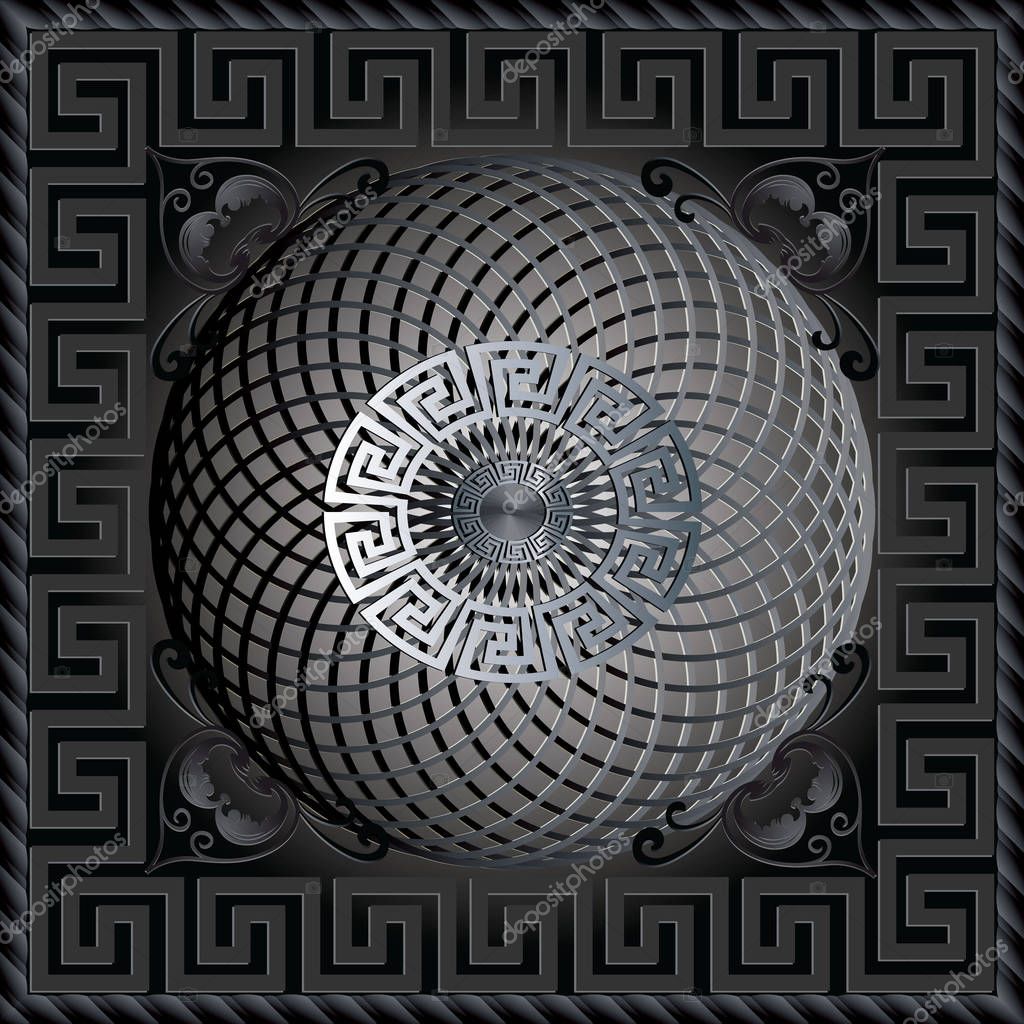 Greek 3d square panel pattern. Modern dark black vector background. Meander ornamental frame. Greek key maze border, circle, flowers. Fractal round line art mandala. 3d greek ornament. Surface texture